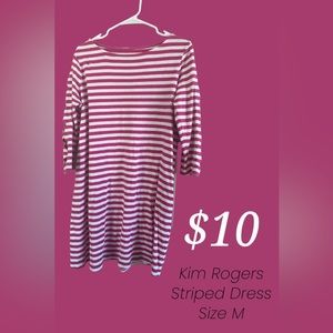 Kim Rogers Pink and White Striped Dress, gently used! Scalloped 3/4 sleeves